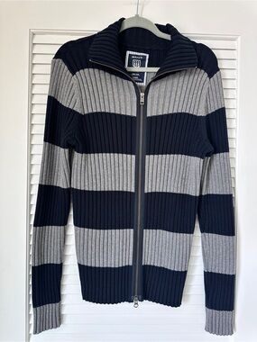 GANT Men’s L Navy Gray Striped Ribbed Cotton Full Zip Cardigan Sweater